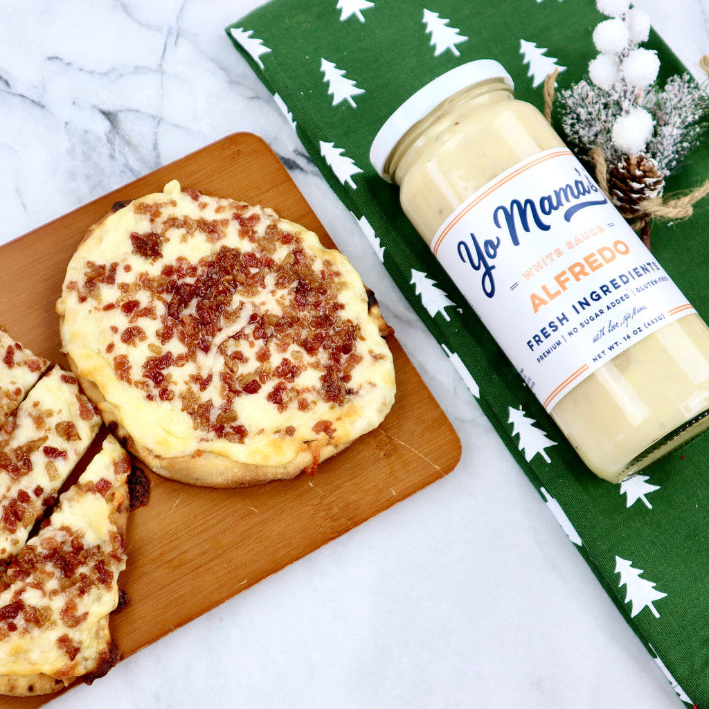 Bacon Garlic Alfredo Cheese Bread - Yo Mama's Foods