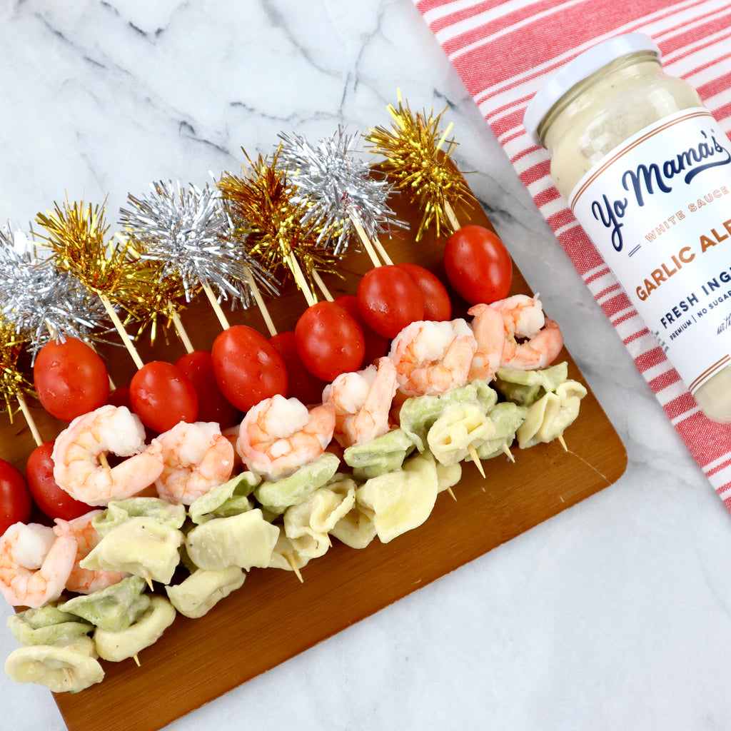 Garlic Alfredo Pasta and Shrimp Skewers - Yo Mama's Foods